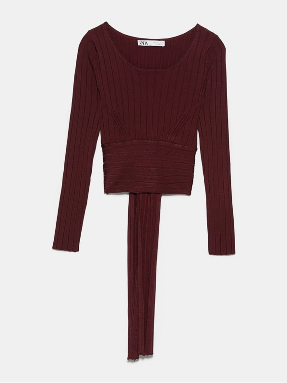 ZARA Ribbed Long-Sleeve Cropped Top with Wrap Detail in Wine USA S